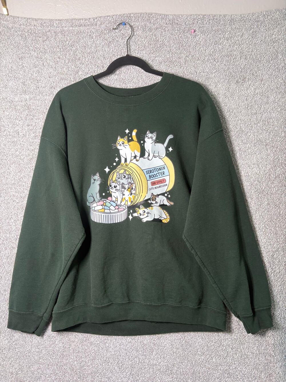 Serotonin Booster Cat Sweatshirt XL Grandmacore Kawaii Green